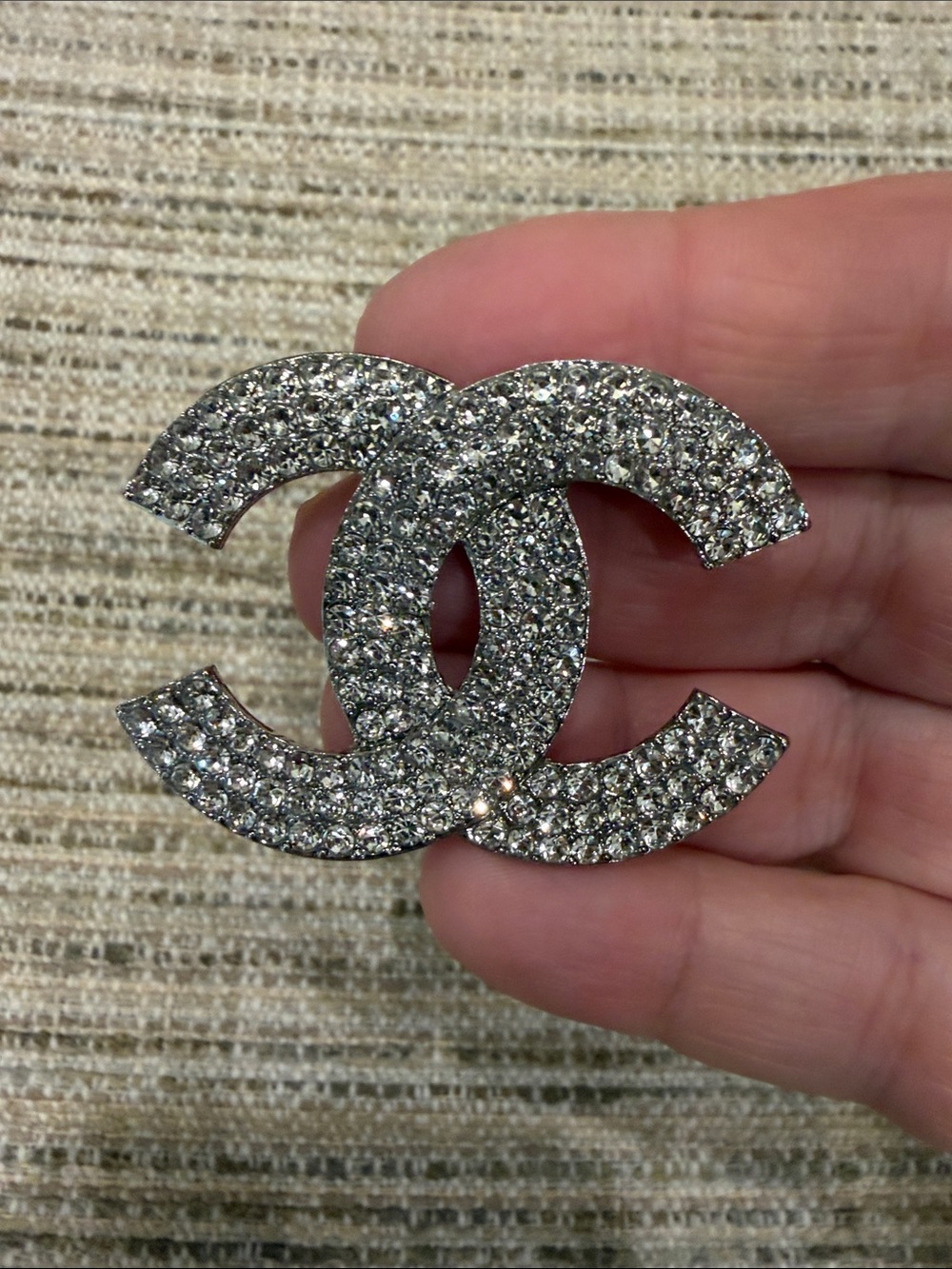 Chanel-ish Crystal-Embellished Double C Logo Brooch in Silver